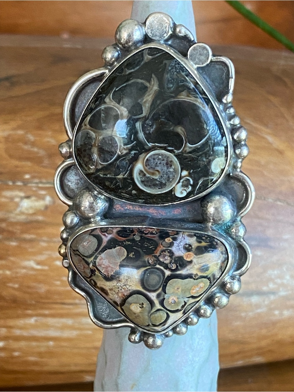 Leopard Skin Jasper & Fossil Turritella Agate Sterling Statement Ring
